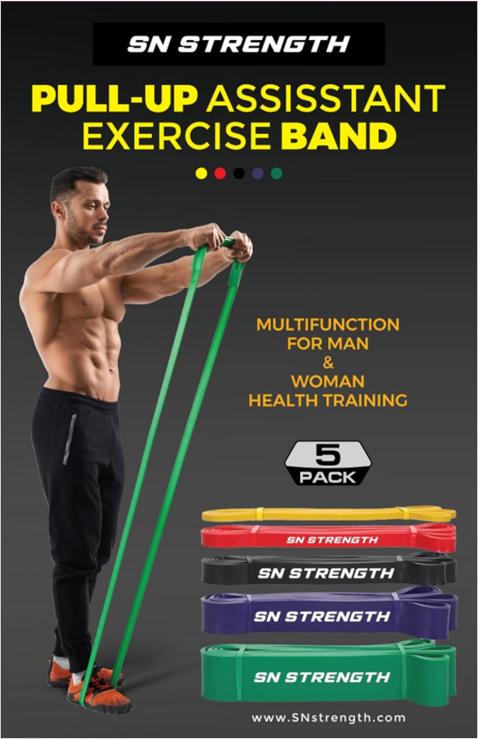 SN Strength Premium Exercise Resistance Bands for Pull-up Assistance or Resistance Bands Home Workout Garage Gym Accessories (5 Pack)